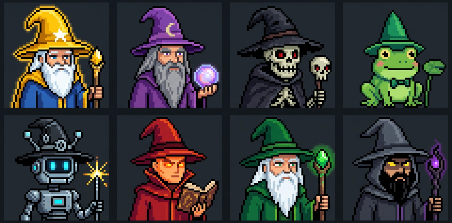 Eight sample DOOLY pixel wizards with different hats, staffs and familiars
