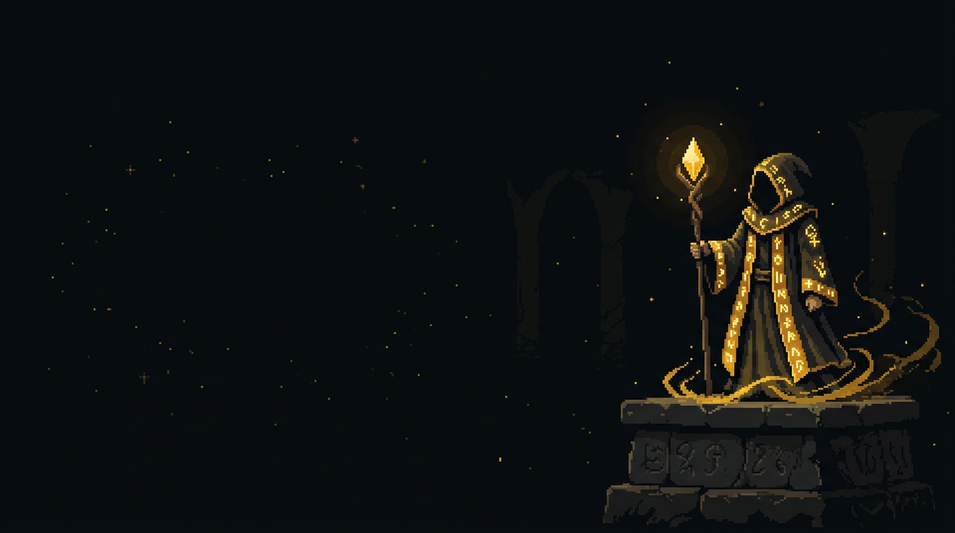 A pixel-art wizard holding a glowing staff